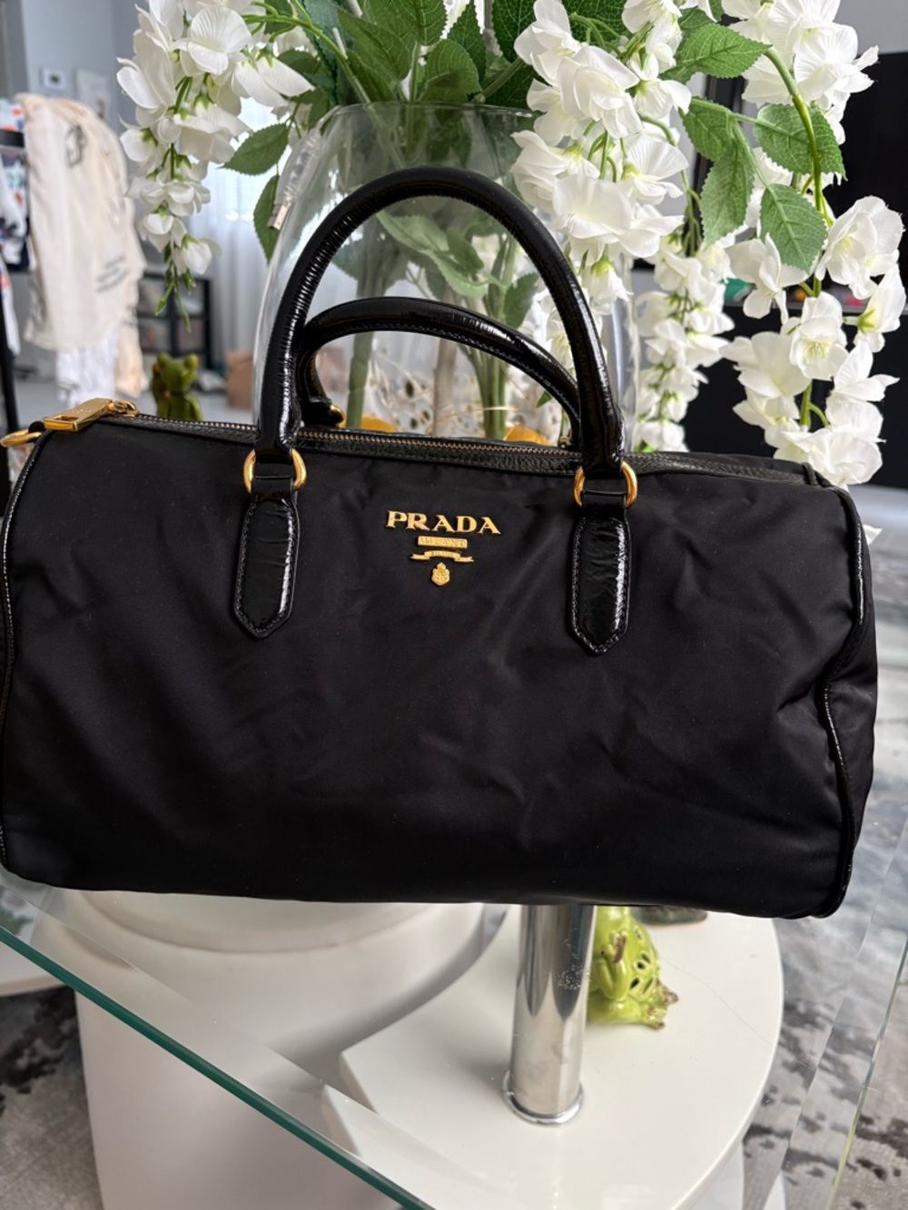 Prada Black Nylon Bowling Satchel with Gold Hardware